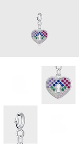 Detail of 925 sterling silver heart pendant with colorful pave-set cubic zirconia stones