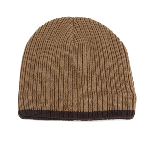 Close-up of ribbed knit texture on khaki and brown striped winter beanie hat