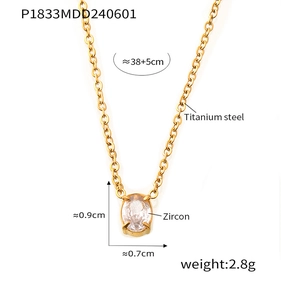 Detail of titanium steel necklace showing zircon pendant dimensions 0.9x0.7cm and chain length