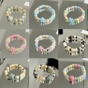 Handmade Ceramic Beaded Bracelet Bohemian Colorful Porcelain Beads Star Bone Heart Charm Hand Woven Unisex Jewelry Gift
