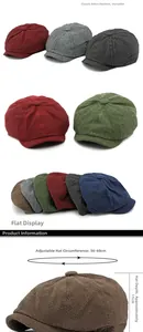 Detailed view of adjustable herringbone newsboy cap showing dimensions and multiple colors