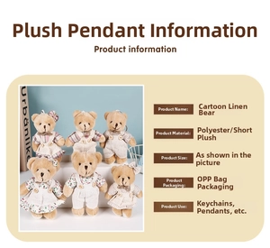 Detail of linen teddy bear keychain pendants with various dress styles and dimensions