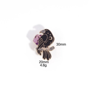 Macro view of black raven and purple rose enamel pin with 30mm x 20mm dimensions