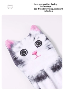 Close-up of cat-shaped towel with realistic printed texture and pink ear details