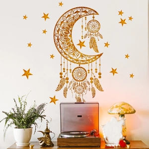 Wall Sticker PVC Gold Glitter Moon Stars Dreamcatcher Self-Adhesive Bohemian Home Decor Decal