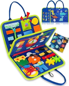 Detail of Montessori dinosaur felt busy board with buckles, zippers and alphabet tools
