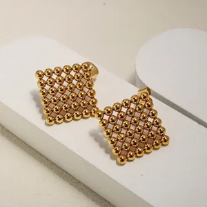 Polished 18K gold plated stainless steel square beaded stud earrings with geometric design
