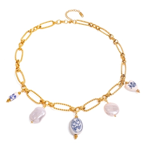 Vintage 18k gold plated necklace with baroque pearls and blue floral ceramic heart pendants
