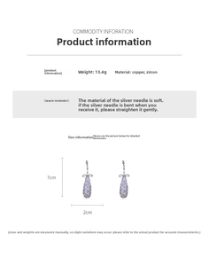 Detail specifications of zircon drop earrings with dimensions 7x2cm and weight 13.4g