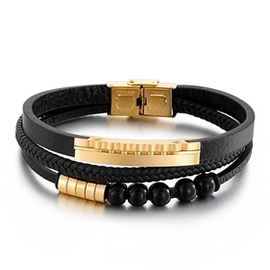 Men's multilayer black braided leather bracelet with gold stainless steel beads and clasp
