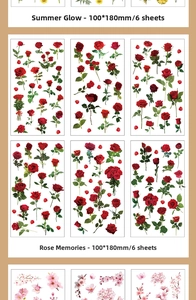Floral PET stickers for journaling featuring roses and sunflowers in a six-sheet set