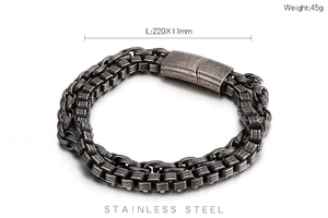 Detail of vintage silver stainless steel link bracelet showing weights and dimensions