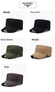Flat top cap collection featuring SPORT embroidery in black, navy, army green, khaki, and grey