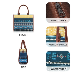 Detail view of ethnic print tote bag showing waterproof fabric and metal hardware components