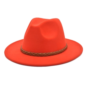 Detail of orange wool fedora hat featuring a brown braided decorative belt band