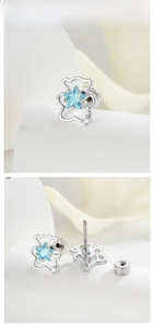 Detailed view of hollow bear earrings with light blue star zircon and screw back
