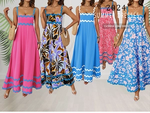 Collage of five summer vacation maxi dresses with different floral prints and ruffled hems
