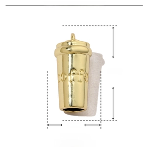 Detailed view of gold copper coffee cup charm with 25mm height and material specifications
