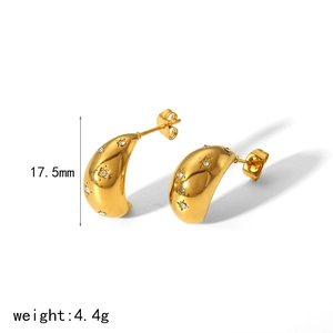 Polished 18k gold teardrop earrings with star engravings and zircon studs, 17.5mm size