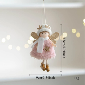Detailed view of pink angel doll Christmas ornament with golden antlers and dimensions