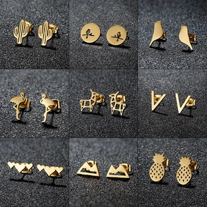 Stainless Steel Stud Earrings Minimalist Cactus Pineapple Bird Heart Mountain V Shape Geometry Jewelry For Women