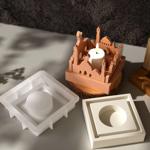 Detailed silicone mold for DIY castle candle holder with architectural gypsum base
