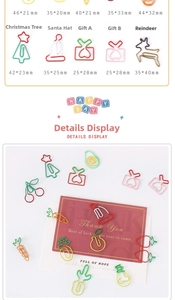 Detail of assorted colorful metal paperclips in festive and fruit shapes for stationery