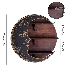 Detailed size chart for crescent moon wooden shelf showing 10-inch height and shelf depth
