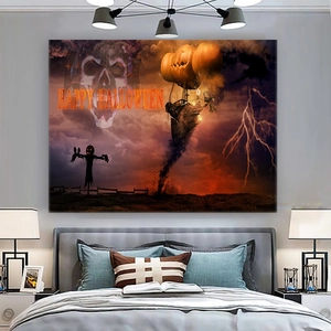 Halloween tapestry detail showing a spooky scene with pumpkin and ghosts above a bed