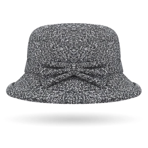 Elegant grey tweed cloche hat for elderly women featuring a classic side bow decoration