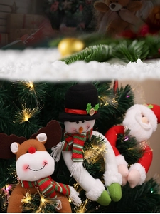 Close-up of plush Reindeer, Snowman, and Santa Claus curtain tiebacks on Christmas tree