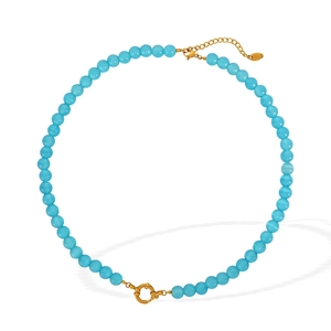Sky blue cat-eye stone beaded necklace with gold adjustable extension chain and clasp