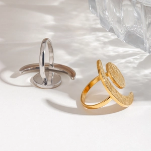 Minimalist sun and moon adjustable rings with hammered texture in gold and silver