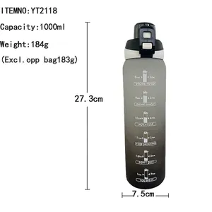 Frosted black gradient 1000ml sports water bottle with time markers and carry handle