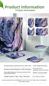 Detail of purple marble pattern on polyester shower curtain and flannel bathroom mat set