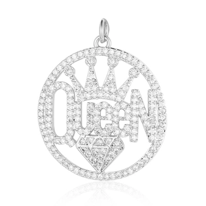 Detailed view of round zircon pendant with Queen text and crown design in silver finish
