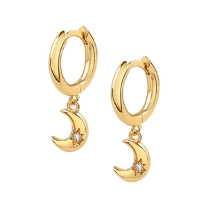 Polished gold crescent moon hoop earrings with zircon star detail on white background
