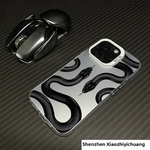 Close-up of clear phone case with black twin snake pattern and SO COOL camera frame