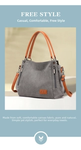 Detail of grey canvas tote bag with brown leather handles and vertical zipper pockets