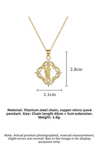Detailed size specifications for the gold religious portrait pendant and chain