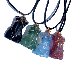 Golden wire wrapped natural crystal goddess body pendant necklaces on black cord cords
