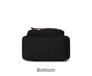Detail view of the durable black nylon backpack base with sturdy flat rectangular bottom