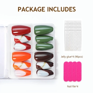 Comprehensive press-on nail kit with assorted colors, 96 adhesive tabs, and files