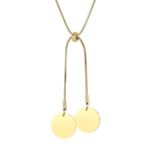 Minimalist Stainless Steel Snake Bone Chain Necklace Adjustable Y Shaped Fringe With Double Round Disk Pendants Trendy