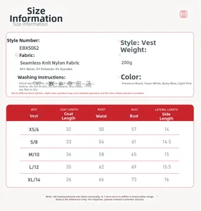 Detailed size chart for seamless yoga vest showing fabric blend and measurements