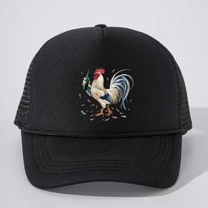 Close-up of black trucker hat featuring a beer rooster print and breathable mesh back