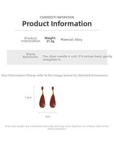 Détail des boucles d'oreilles goutte à rayures rouge et or avec dimensions