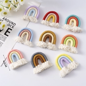 Detail showing handcrafted rainbow cotton rope keychain with tassels and 4.5cm height dimension