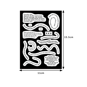 Detail view of vintage black text stickers for scrapbooking with 11cm x 15.5cm dimensions