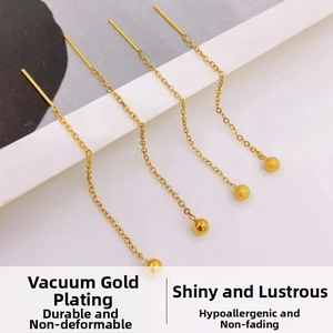 Detail of 18K gold-plated long tassel chain earrings with glossy and matte beads